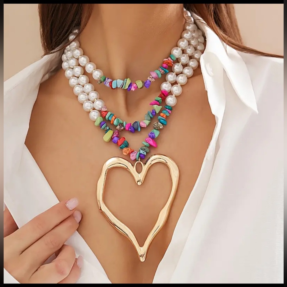 1pc Multilayer Exaggerated Holiday Style Imitation Pearl Heart Charm Necklace